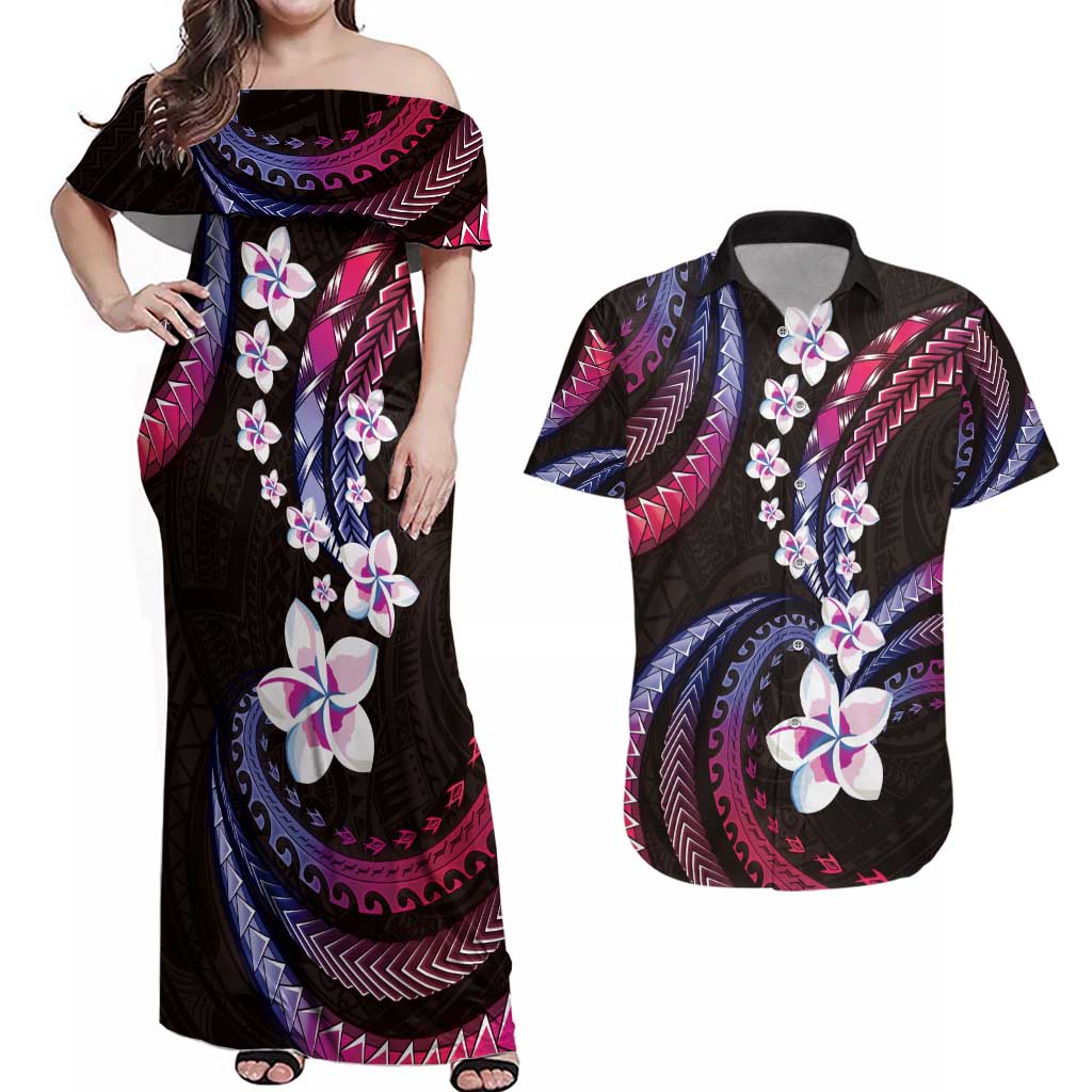 Hawaii Plumeria Couples Matching Off Shoulder Maxi Dress and Hawaiian Shirt Sweet Gradient Polynesian Pattern