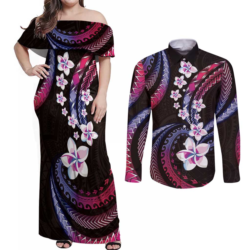 Hawaii Plumeria Couples Matching Off Shoulder Maxi Dress and Long Sleeve Button Shirt Sweet Gradient Polynesian Pattern