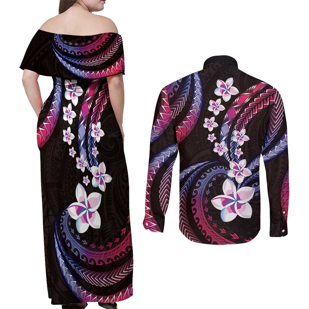 Hawaii Plumeria Couples Matching Off Shoulder Maxi Dress and Long Sleeve Button Shirt Sweet Gradient Polynesian Pattern