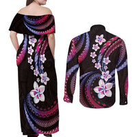 Hawaii Plumeria Couples Matching Off Shoulder Maxi Dress and Long Sleeve Button Shirt Sweet Gradient Polynesian Pattern