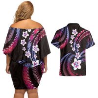 Hawaii Plumeria Couples Matching Off Shoulder Short Dress and Hawaiian Shirt Sweet Gradient Polynesian Pattern