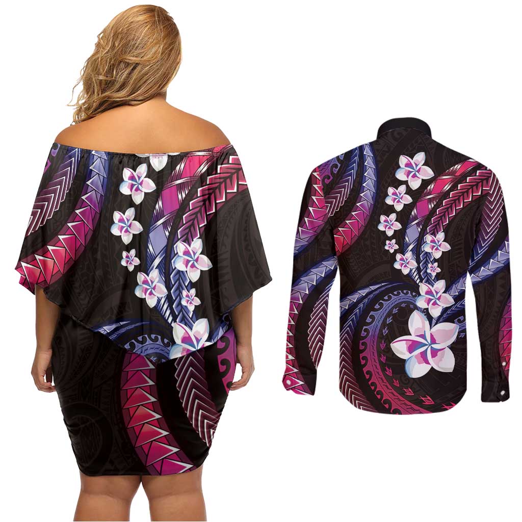Hawaii Plumeria Couples Matching Off Shoulder Short Dress and Long Sleeve Button Shirt Sweet Gradient Polynesian Pattern