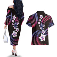 Hawaii Plumeria Couples Matching Off The Shoulder Long Sleeve Dress and Hawaiian Shirt Sweet Gradient Polynesian Pattern