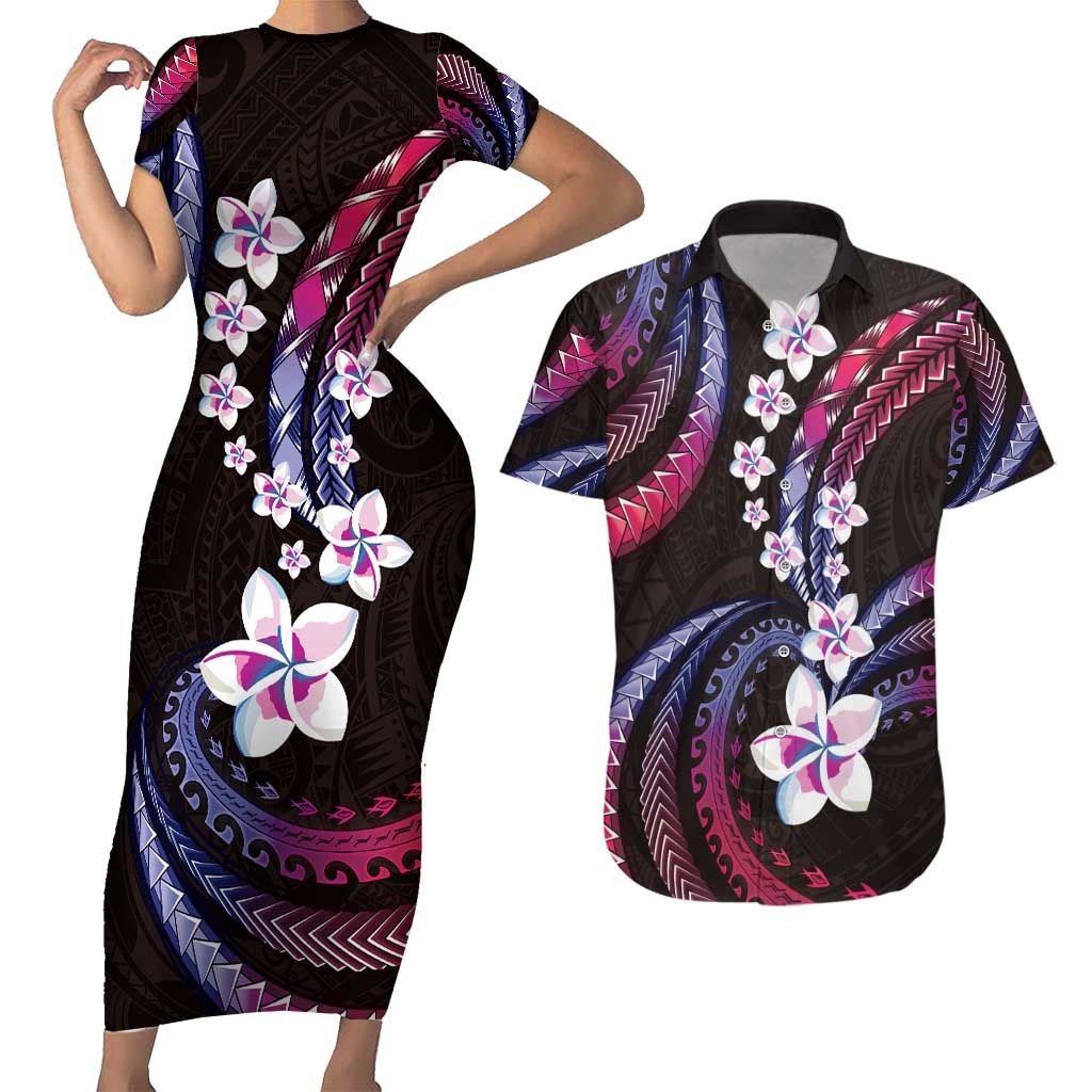 Hawaii Plumeria Couples Matching Short Sleeve Bodycon Dress and Hawaiian Shirt Sweet Gradient Polynesian Pattern