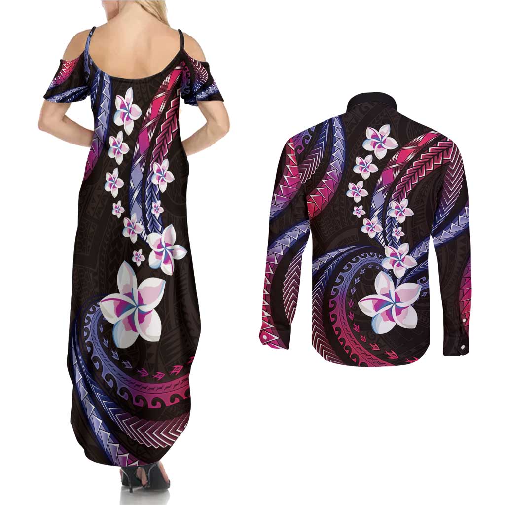 Hawaii Plumeria Couples Matching Summer Maxi Dress and Long Sleeve Button Shirt Sweet Gradient Polynesian Pattern