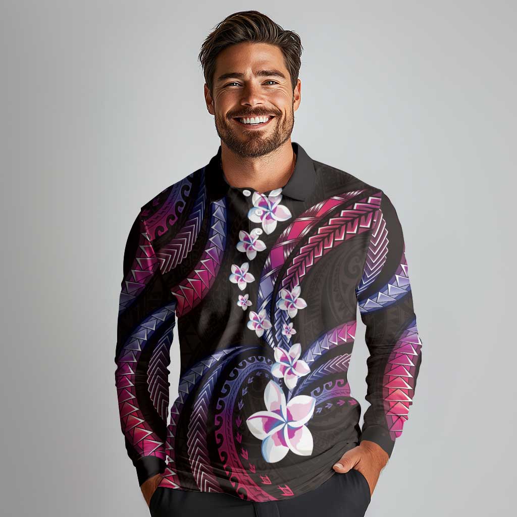 Hawaii Plumeria Long Sleeve Polo Shirt Sweet Gradient Polynesian Pattern
