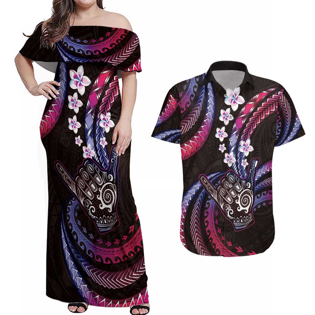 Hawaii Shaka Sign Couples Matching Off Shoulder Maxi Dress and Hawaiian Shirt Fantastic Frangipani Sweet Vibes