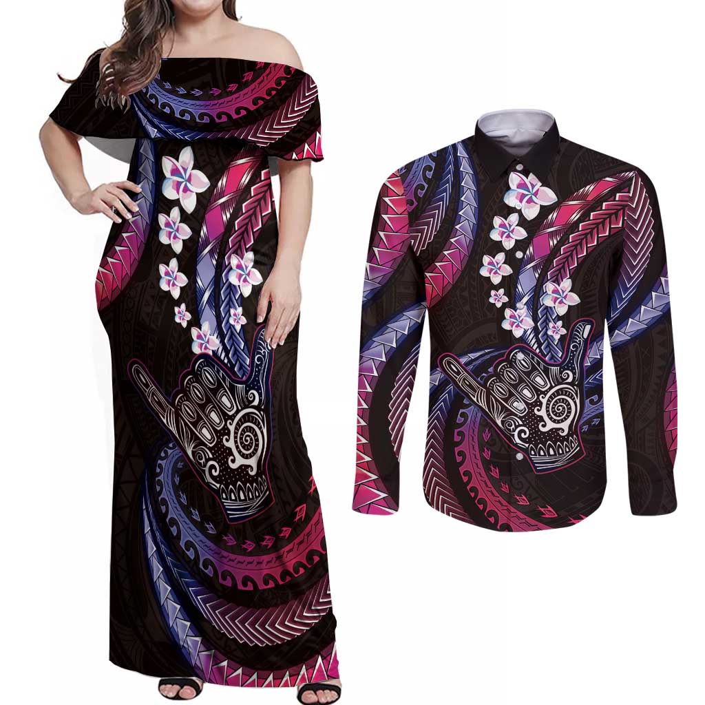 Hawaii Shaka Sign Couples Matching Off Shoulder Maxi Dress and Long Sleeve Button Shirt Fantastic Frangipani Sweet Vibes
