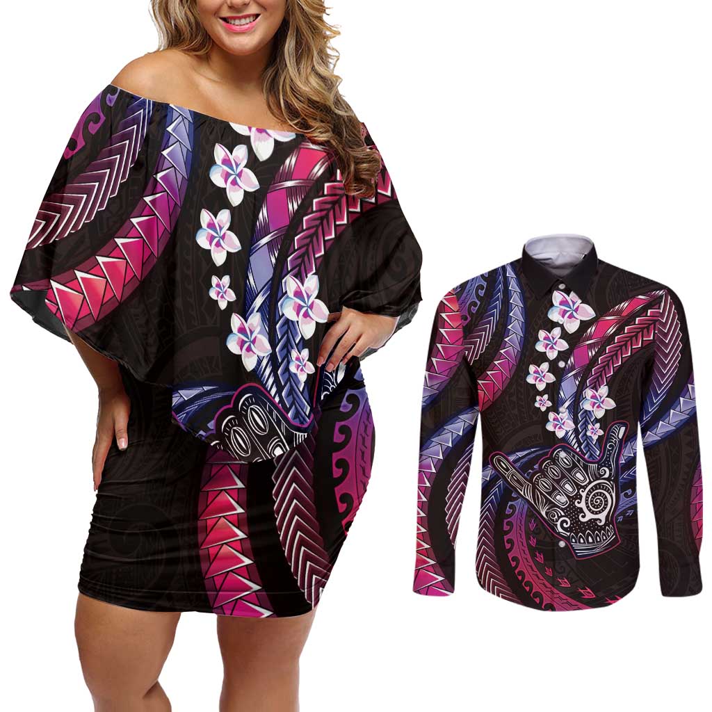 Hawaii Shaka Sign Couples Matching Off Shoulder Short Dress and Long Sleeve Button Shirt Fantastic Frangipani Sweet Vibes