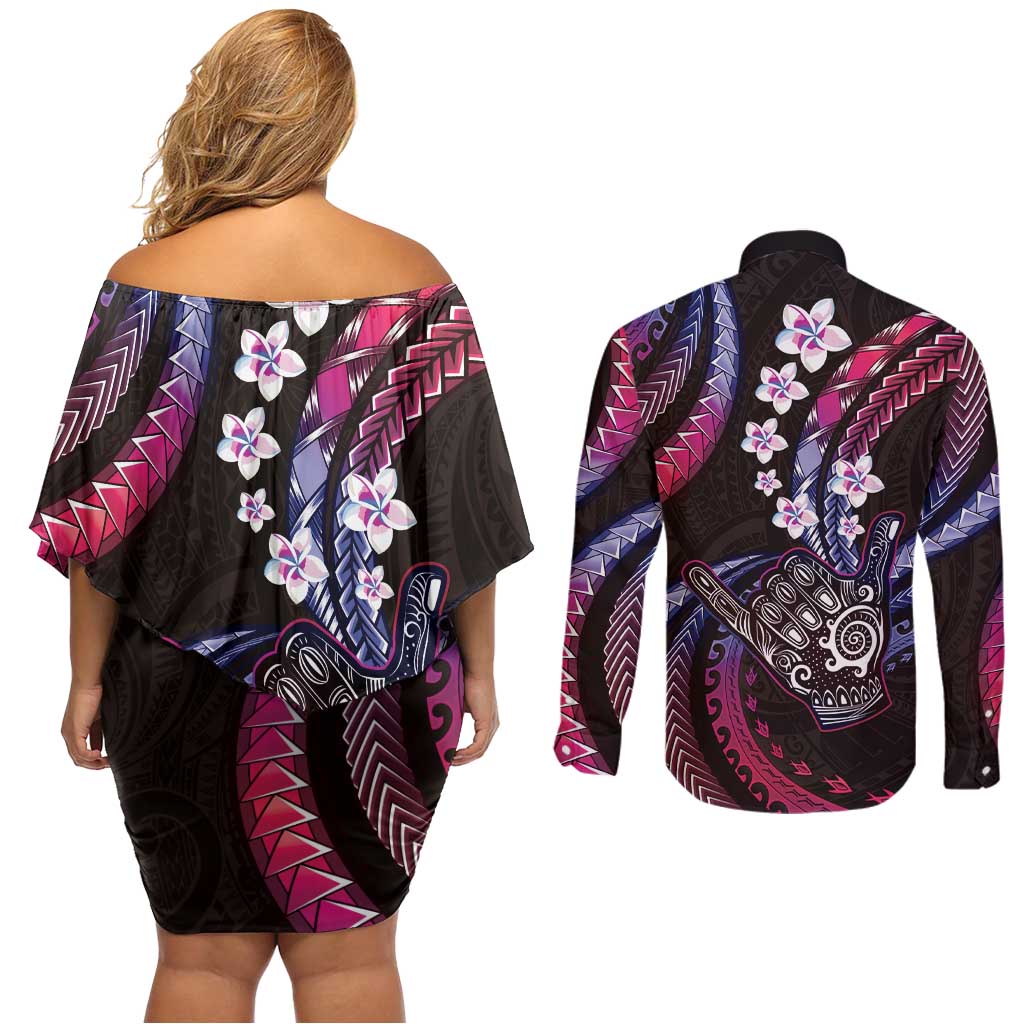 Hawaii Shaka Sign Couples Matching Off Shoulder Short Dress and Long Sleeve Button Shirt Fantastic Frangipani Sweet Vibes