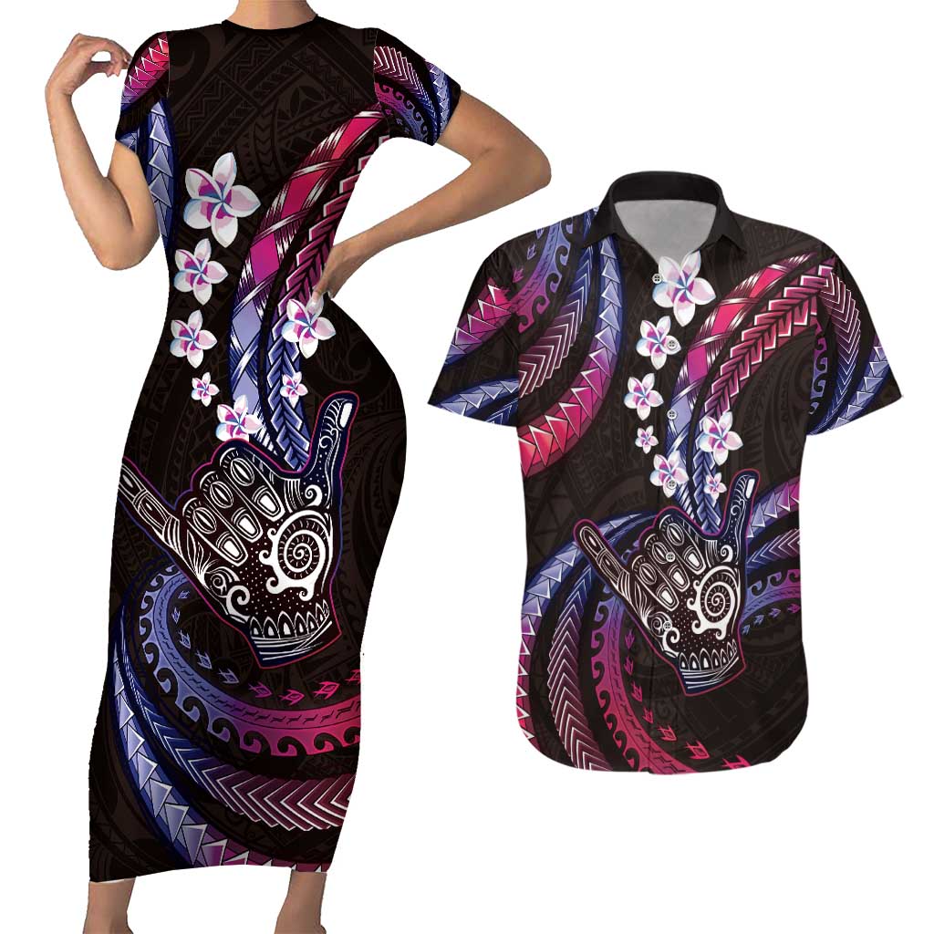 Hawaii Shaka Sign Couples Matching Short Sleeve Bodycon Dress and Hawaiian Shirt Fantastic Frangipani Sweet Vibes