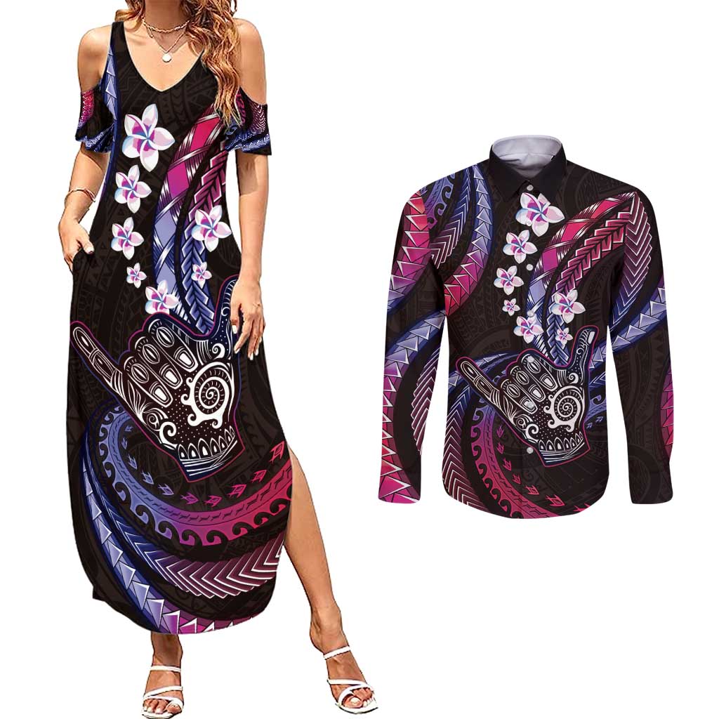 Hawaii Shaka Sign Couples Matching Summer Maxi Dress and Long Sleeve Button Shirt Fantastic Frangipani Sweet Vibes
