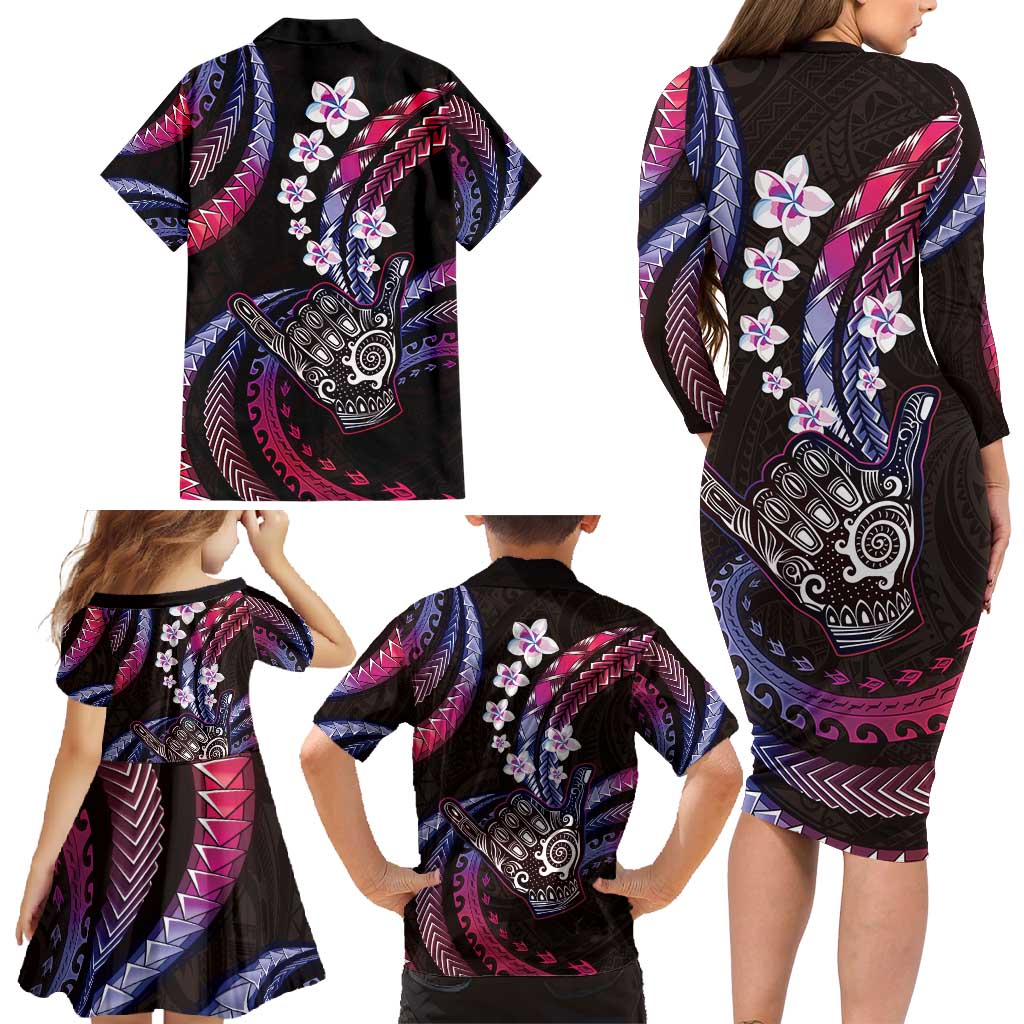 Hawaii Shaka Sign Family Matching Long Sleeve Bodycon Dress and Hawaiian Shirt Fantastic Frangipani Sweet Vibes