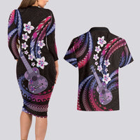 Hawaiian Ukulele Couples Matching Long Sleeve Bodycon Dress and Hawaiian Shirt Sweet Dream Fantastic Plumeria