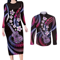 Hawaiian Ukulele Couples Matching Long Sleeve Bodycon Dress and Long Sleeve Button Shirt Sweet Dream Fantastic Plumeria