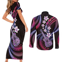 Hawaiian Ukulele Couples Matching Short Sleeve Bodycon Dress and Long Sleeve Button Shirt Sweet Dream Fantastic Plumeria