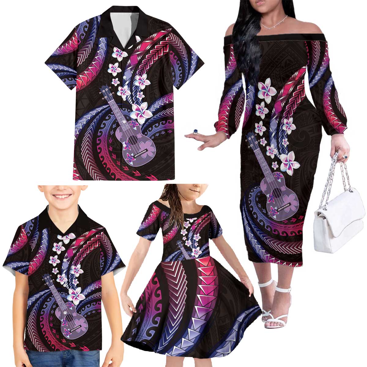 Hawaiian Ukulele Family Matching Off The Shoulder Long Sleeve Dress and Hawaiian Shirt Sweet Dream Fantastic Plumeria