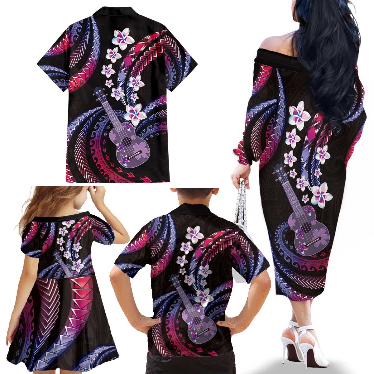 Hawaiian Ukulele Family Matching Off The Shoulder Long Sleeve Dress and Hawaiian Shirt Sweet Dream Fantastic Plumeria