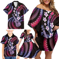 Hawaiian Ukulele Family Matching Off Shoulder Short Dress and Hawaiian Shirt Sweet Dream Fantastic Plumeria