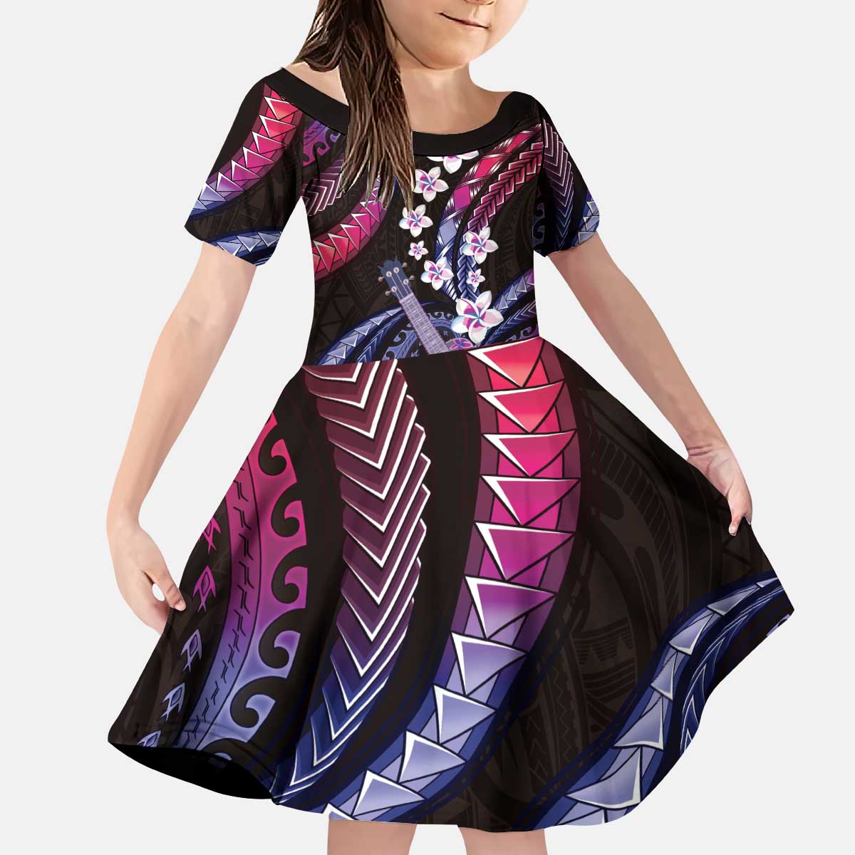 Hawaiian Ukulele Kid Short Sleeve Dress Sweet Dream Fantastic Plumeria LT01 KID Pink - Polynesian Pride