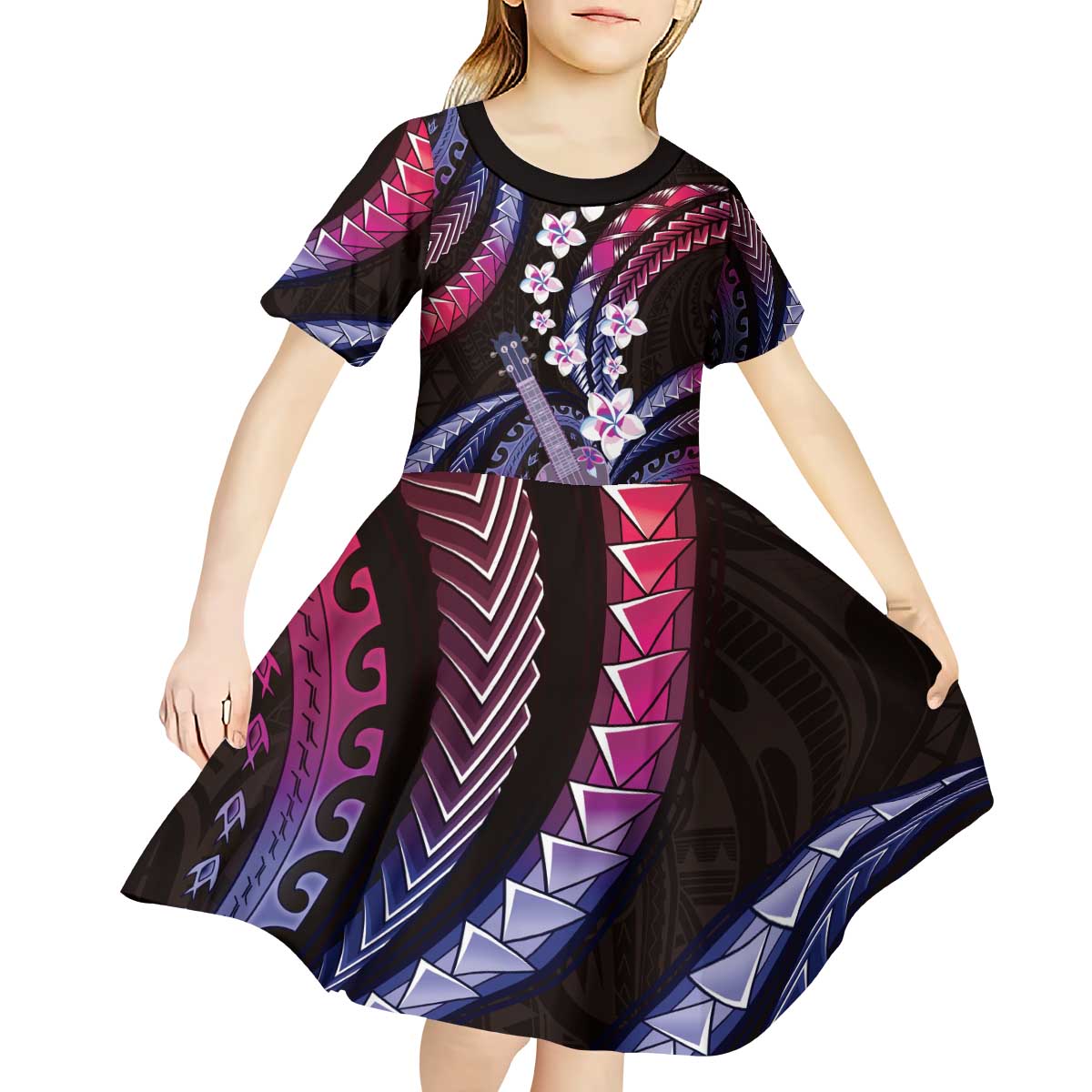 Hawaiian Ukulele Kid Short Sleeve Dress Sweet Dream Fantastic Plumeria LT01 - Polynesian Pride