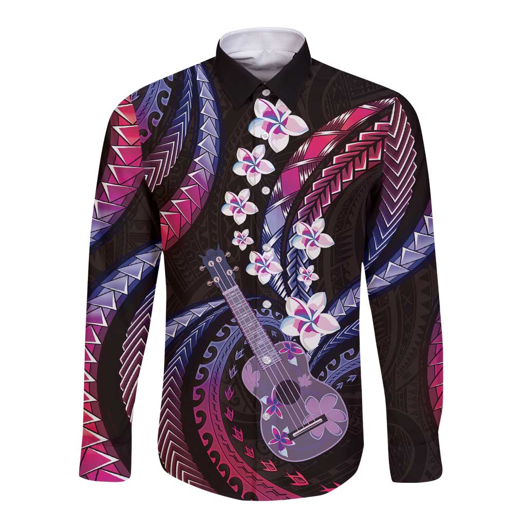 Hawaiian Ukulele Long Sleeve Button Shirt Sweet Dream Fantastic Plumeria