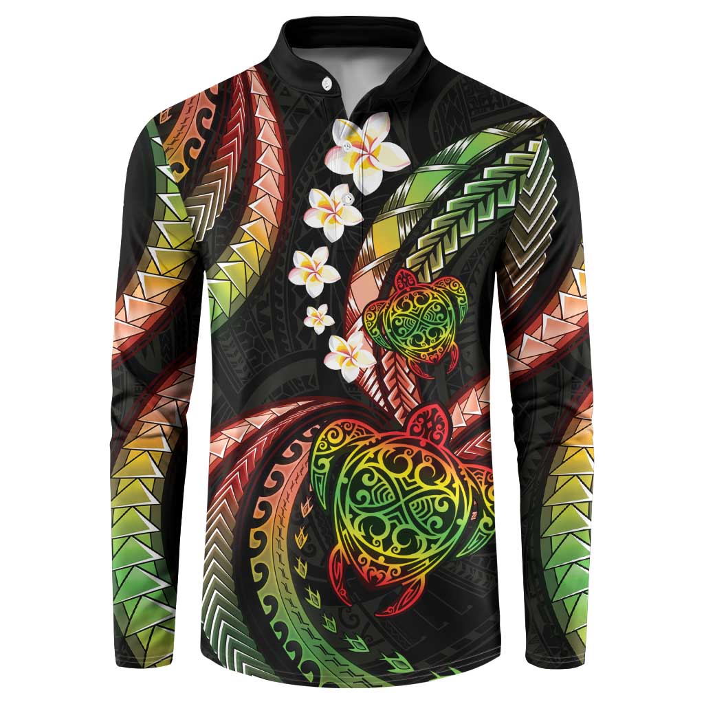 Hawaii Turtles Plumeria Button Sweatshirt Reggae Polynesian Pattern