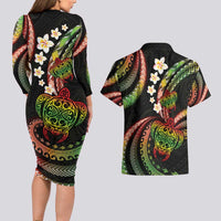 Hawaii Turtles Plumeria Couples Matching Long Sleeve Bodycon Dress and Hawaiian Shirt Reggae Polynesian Pattern
