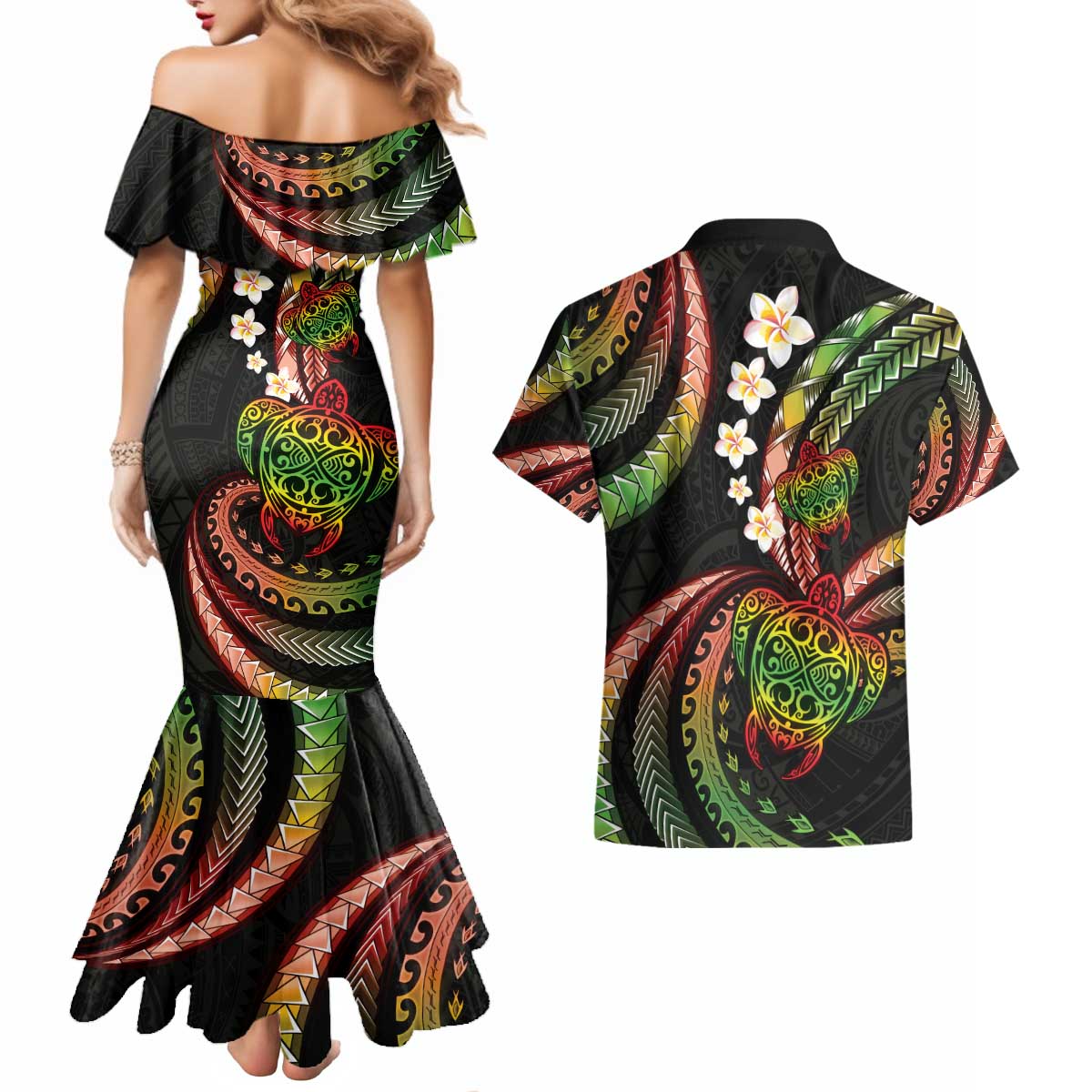 Hawaii Turtles Plumeria Couples Matching Mermaid Dress and Hawaiian Shirt Reggae Polynesian Pattern