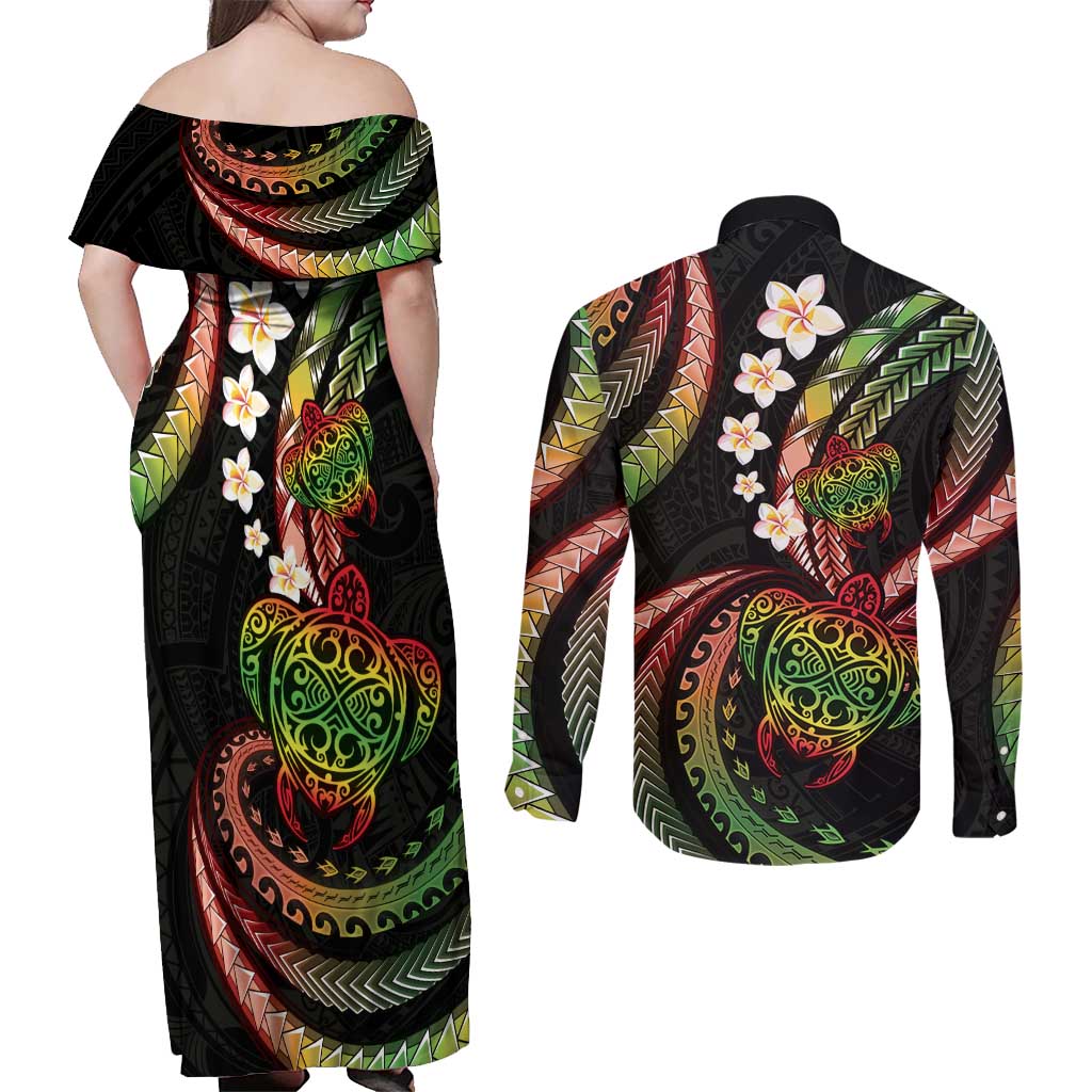 Hawaii Turtles Plumeria Couples Matching Off Shoulder Maxi Dress and Long Sleeve Button Shirt Reggae Polynesian Pattern