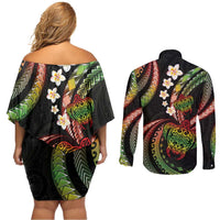 Hawaii Turtles Plumeria Couples Matching Off Shoulder Short Dress and Long Sleeve Button Shirt Reggae Polynesian Pattern