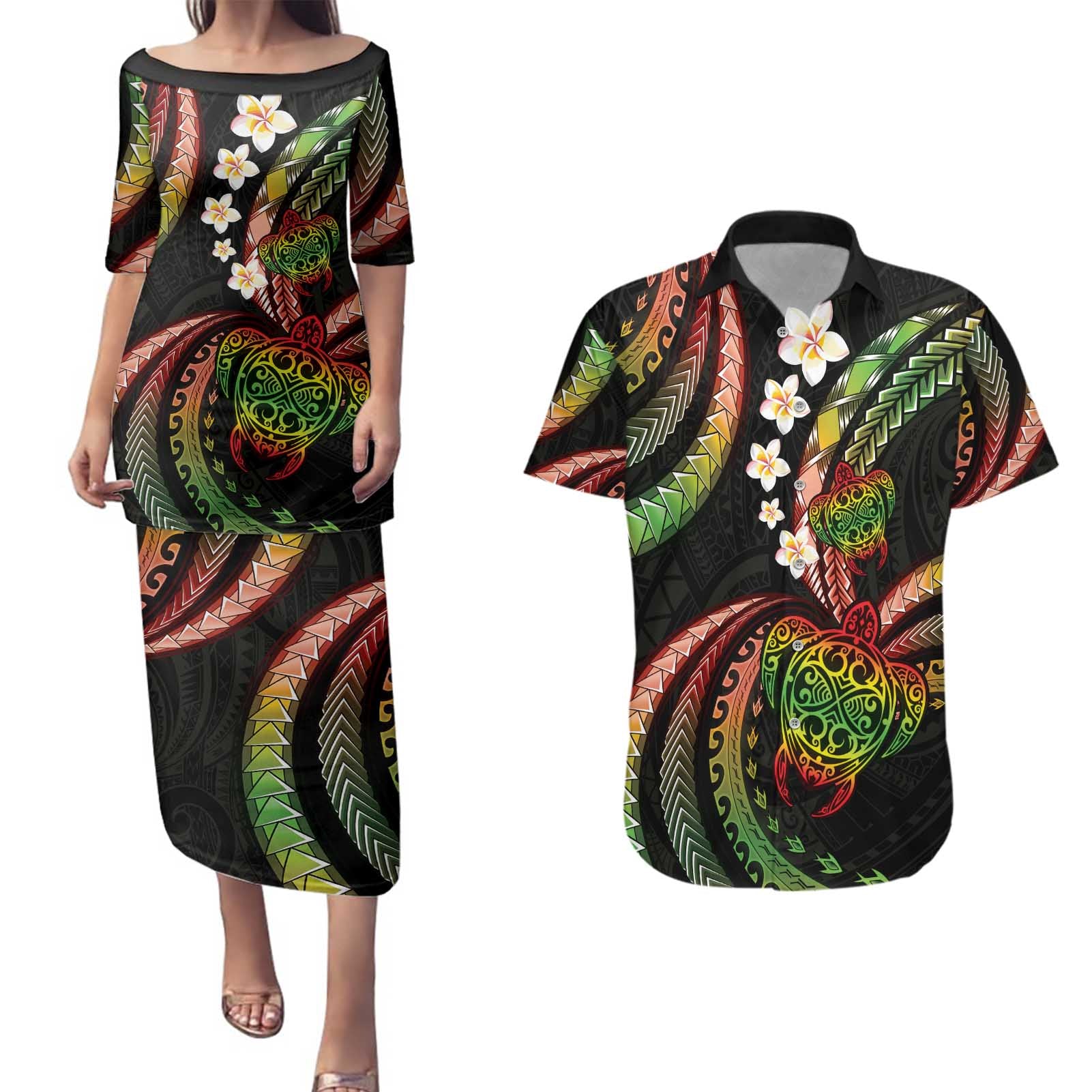 Hawaii Turtles Plumeria Couples Matching Puletasi and Hawaiian Shirt Reggae Polynesian Pattern