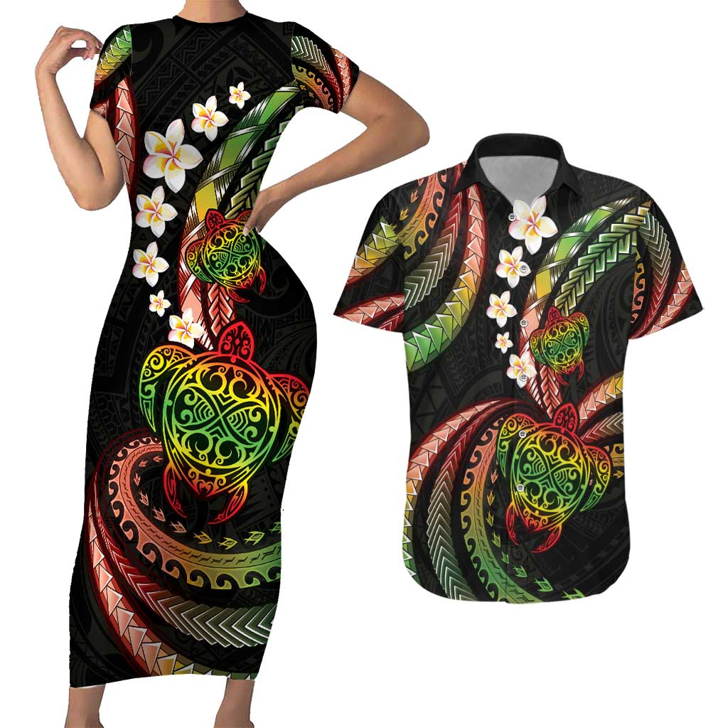 Hawaii Turtles Plumeria Couples Matching Short Sleeve Bodycon Dress and Hawaiian Shirt Reggae Polynesian Pattern