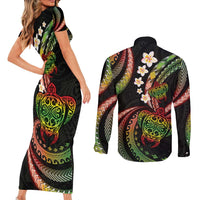 Hawaii Turtles Plumeria Couples Matching Short Sleeve Bodycon Dress and Long Sleeve Button Shirt Reggae Polynesian Pattern