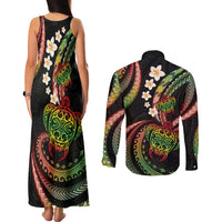 Hawaii Turtles Plumeria Couples Matching Tank Maxi Dress and Long Sleeve Button Shirt Reggae Polynesian Pattern