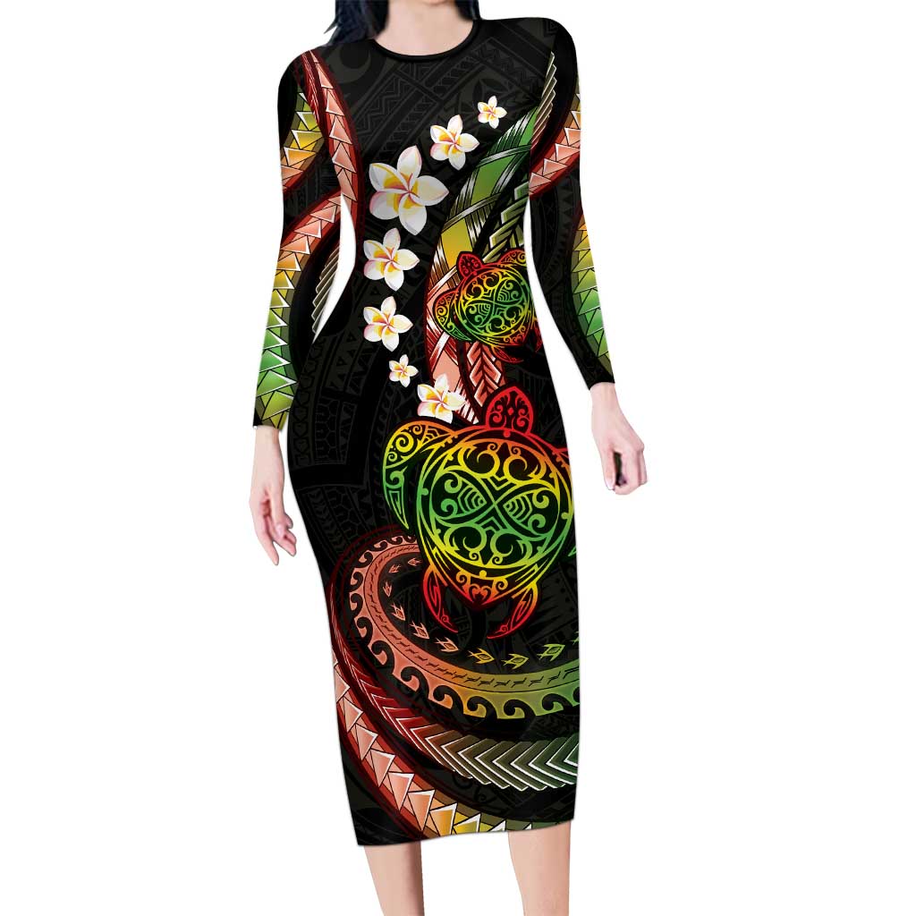 Hawaii Turtles Plumeria Family Matching Long Sleeve Bodycon Dress and Hawaiian Shirt Reggae Polynesian Pattern