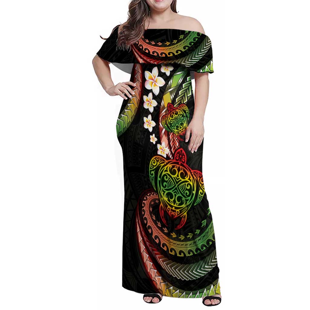 Hawaii Turtles Plumeria Family Matching Off Shoulder Maxi Dress and Hawaiian Shirt Reggae Polynesian Pattern