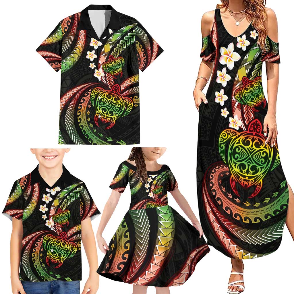 Hawaii Turtles Plumeria Family Matching Summer Maxi Dress and Hawaiian Shirt Reggae Polynesian Pattern