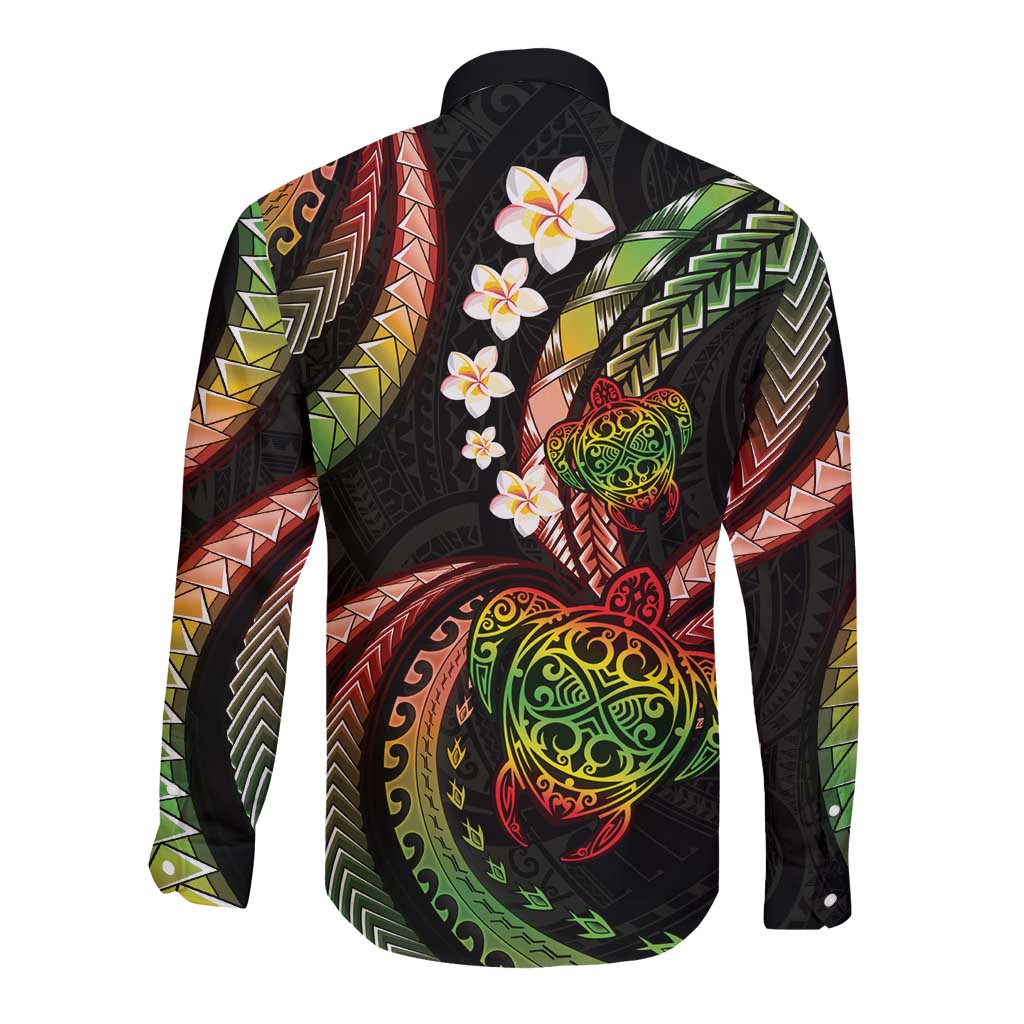 Hawaii Turtles Plumeria Long Sleeve Button Shirt Reggae Polynesian Pattern