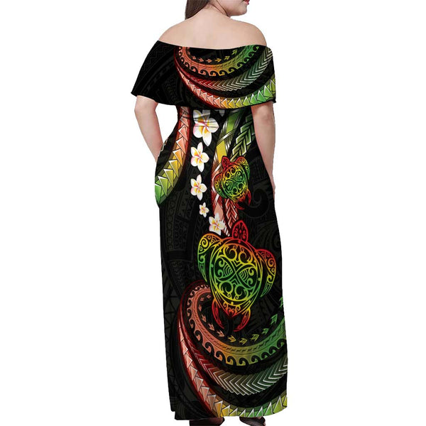 Hawaiii Ukulele Off Shoulder Long Dress Polynesian Blue Style LT6 main image 1