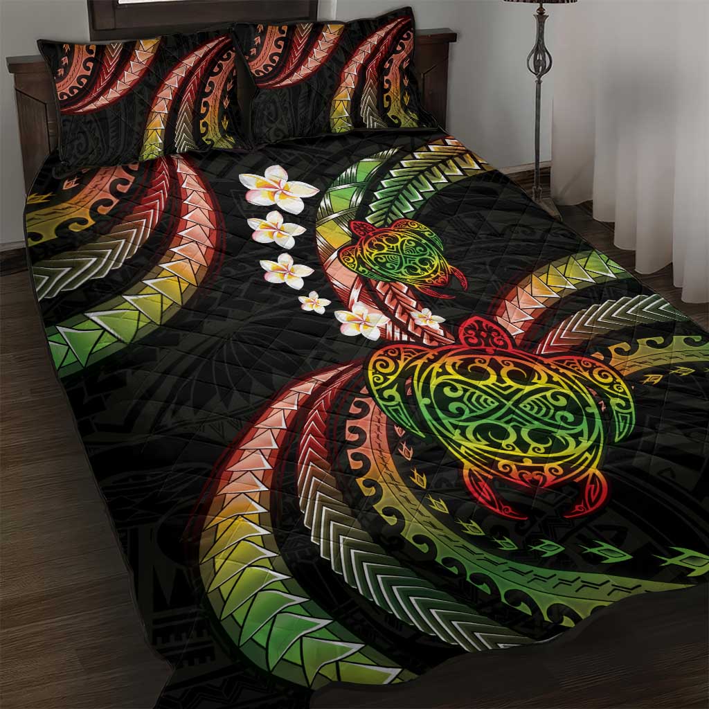 Hawaii Turtles Plumeria Quilt Bed Set Reggae Polynesian Pattern