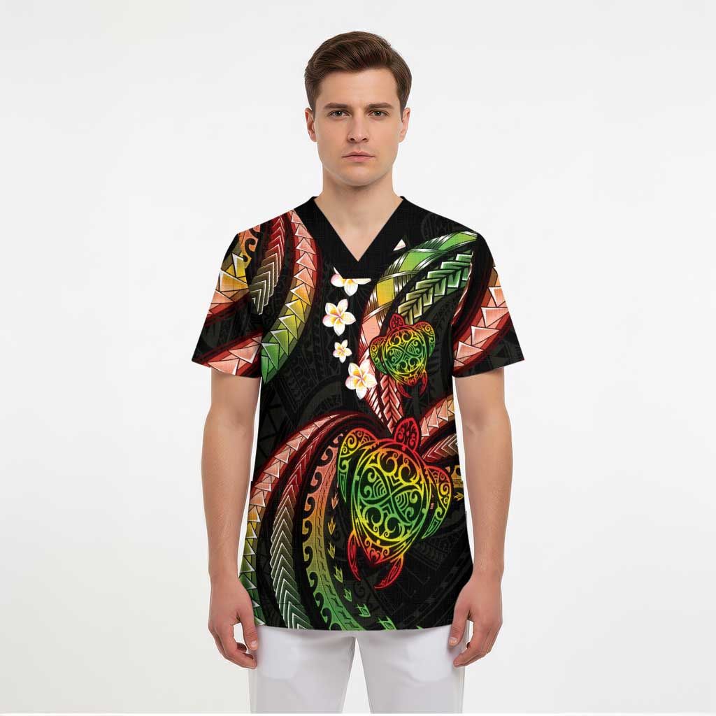 Hawaii Turtles Plumeria Scrub Top Reggae Polynesian Pattern - Polynesian Pride