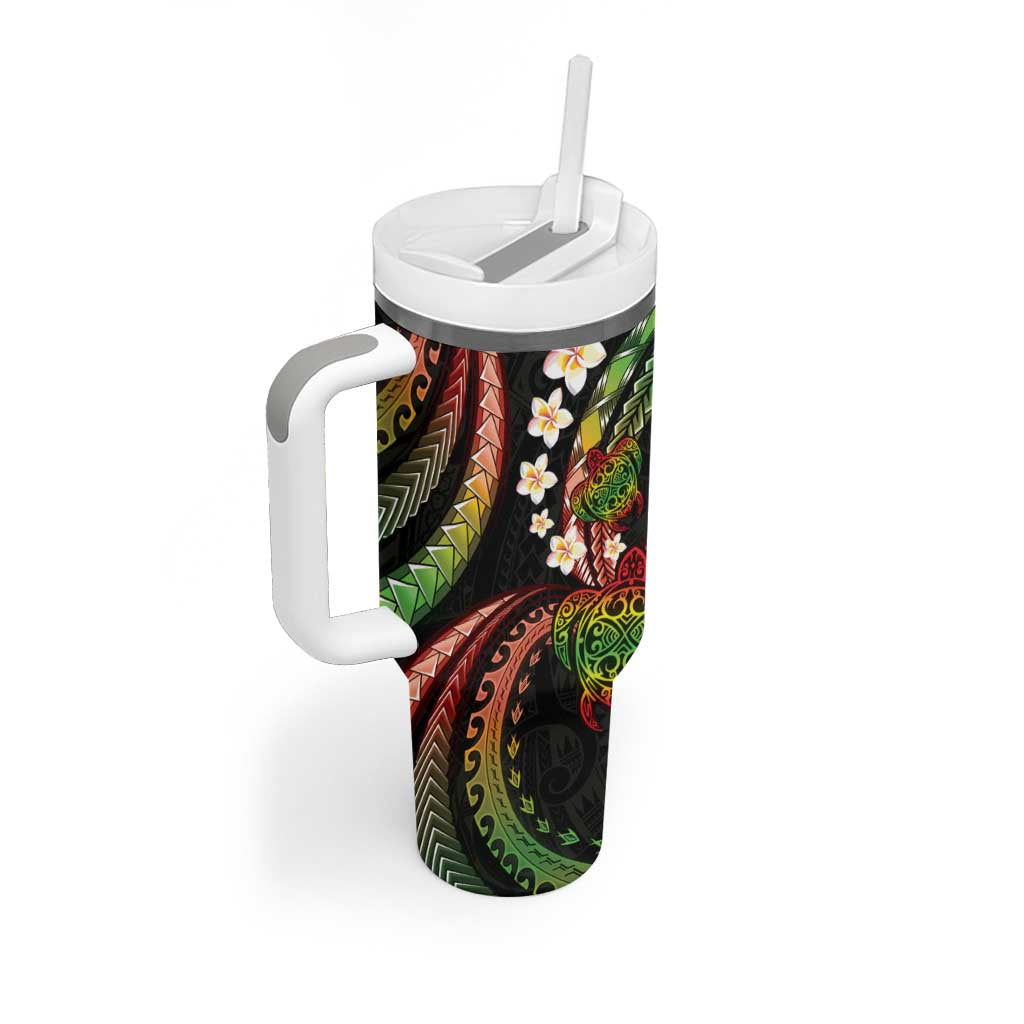 Hawaii Turtles Plumeria Tumbler With Handle Reggae Polynesian Pattern