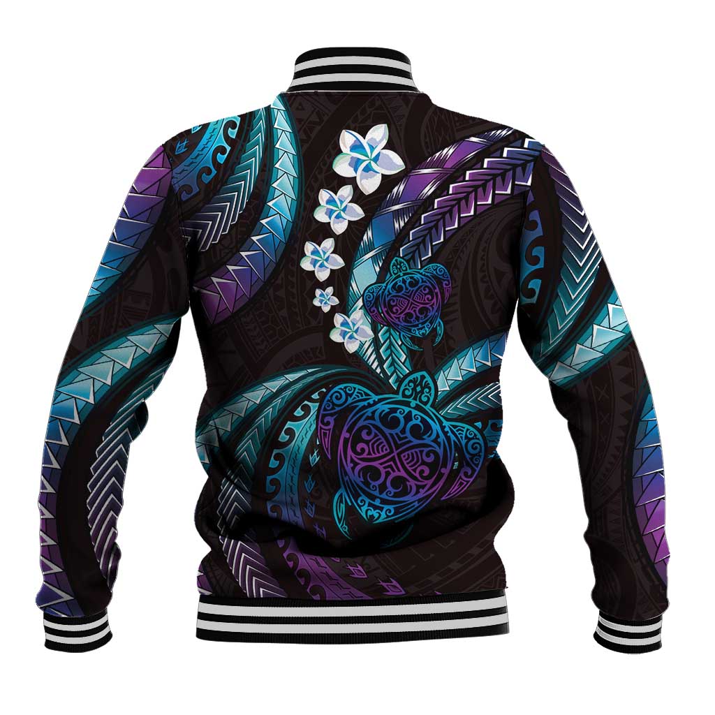 Hawaii Turtles Plumeria Baseball Jacket Amethyst Gradient Polynesian Pattern