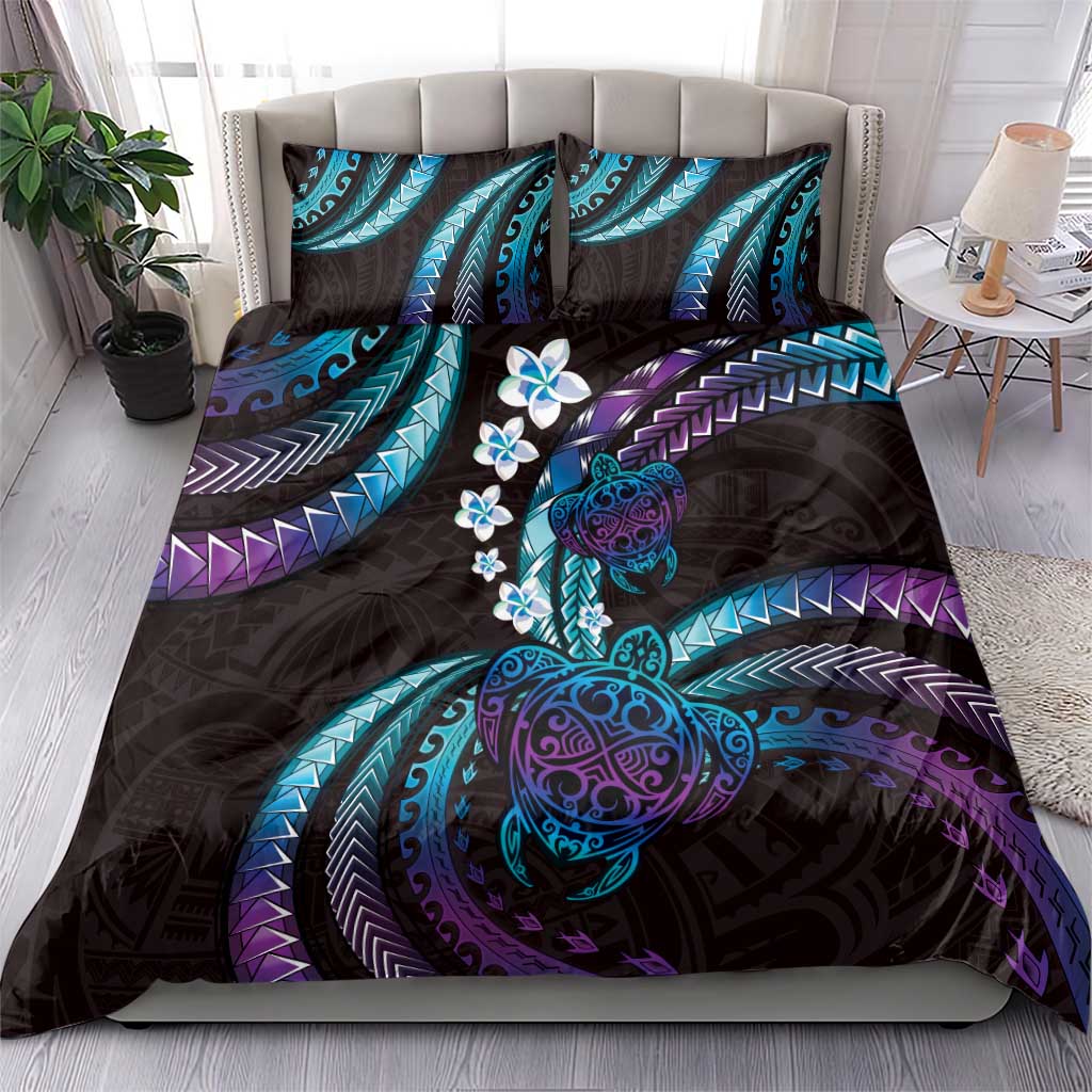 Hawaii Turtles Plumeria Bedding Set Amethyst Gradient Polynesian Pattern