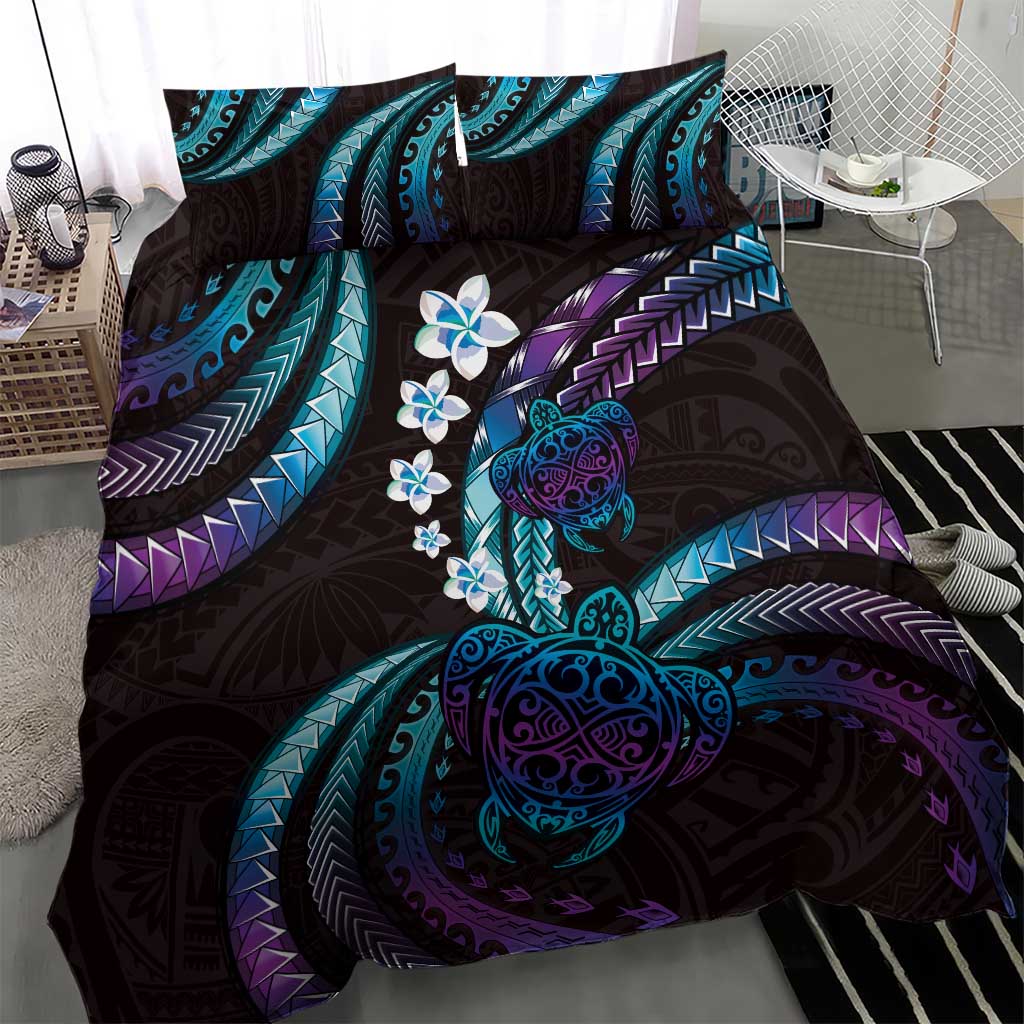 Hawaii Turtles Plumeria Bedding Set Amethyst Gradient Polynesian Pattern