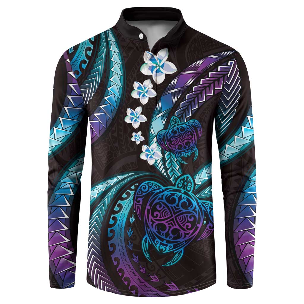 Hawaii Turtles Plumeria Button Sweatshirt Amethyst Gradient Polynesian Pattern