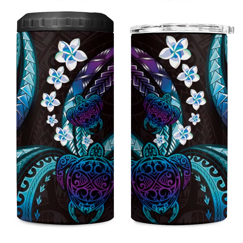 Hawaii Turtles Plumeria 4 in 1 Can Cooler Tumbler Amethyst Gradient Polynesian Pattern