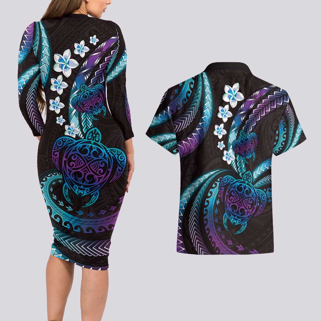 Hawaii Turtles Plumeria Couples Matching Long Sleeve Bodycon Dress and Hawaiian Shirt Amethyst Gradient Polynesian Pattern