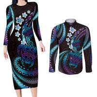 Hawaii Turtles Plumeria Couples Matching Long Sleeve Bodycon Dress and Long Sleeve Button Shirt Amethyst Gradient Polynesian Pattern